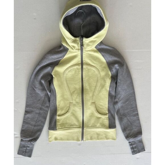 Lululemon Women Sz 2 Hoodie Yellow Gray Sweatshirt Jacket Full Zip Scuba - Picture 6 of 9